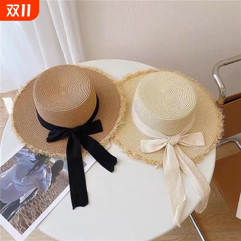 百搭毛边草帽女夏天平顶度假出游草编太阳帽蝴蝶结遮阳沙滩帽大檐