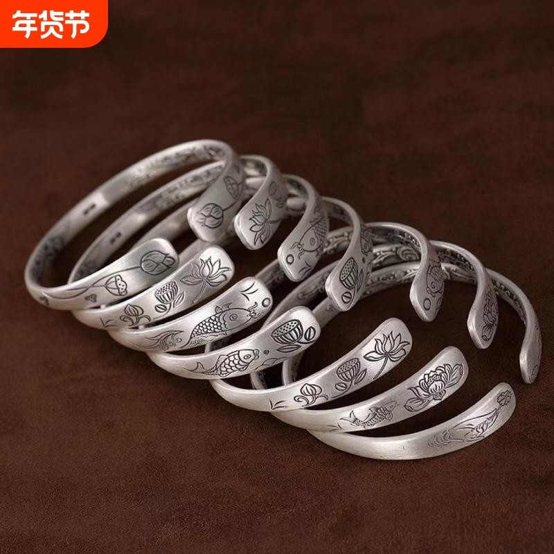 镀999足银莲花鱼禅意手镯送妈妈老人开口纯银复古做旧佛系银镯子