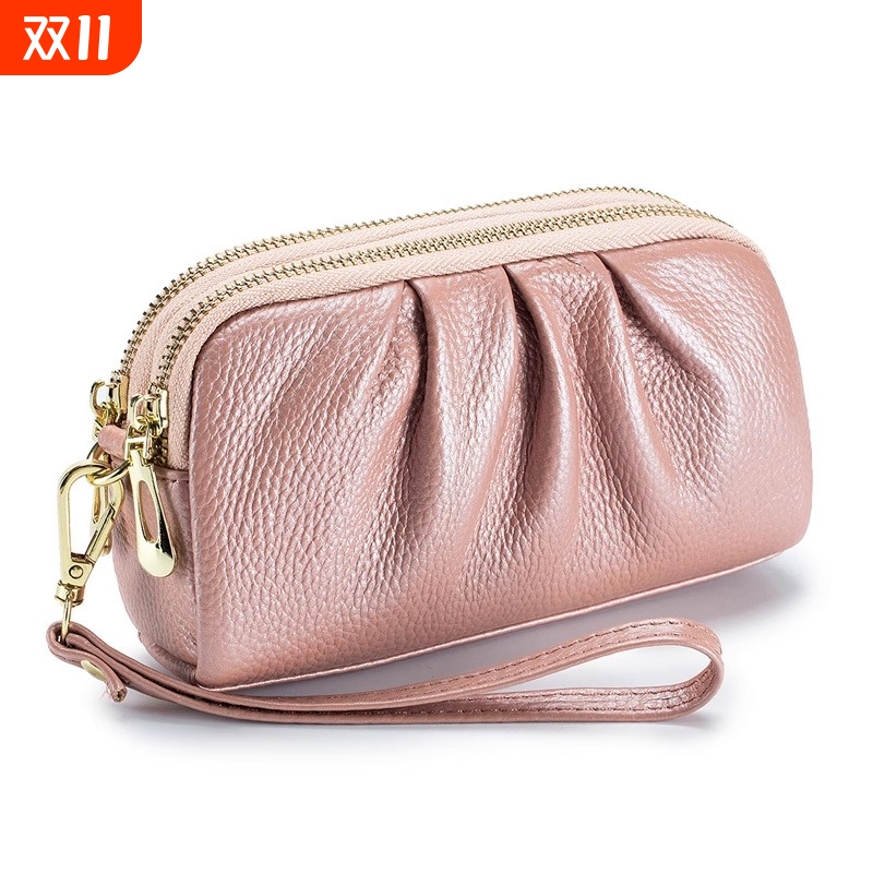 双层长款钱包气质褶皱手拿包真软皮女大容量手机包妈妈长款大钞包