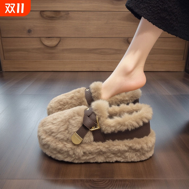 【羊羔绒】毛毛鞋女外穿2025新款冬季皮带扣厚底加绒保暖防滑棉鞋