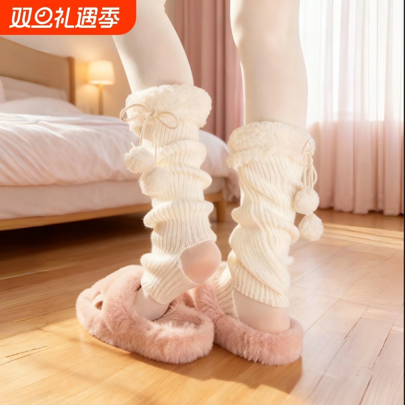 羊羔毛针织袜套秋冬加厚踩脚lolita可爱毛绒腿套日系花边中筒袜