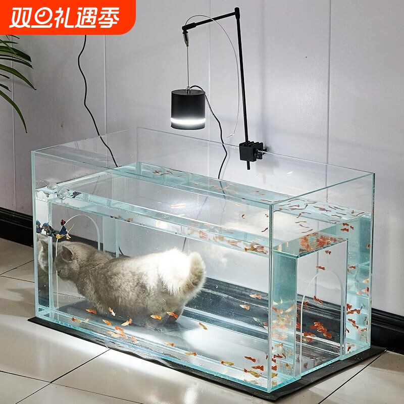 猫窝鱼缸隧道可钻观景超白玻璃一体猫缸沉浸式海景猫窝缸互动观赏