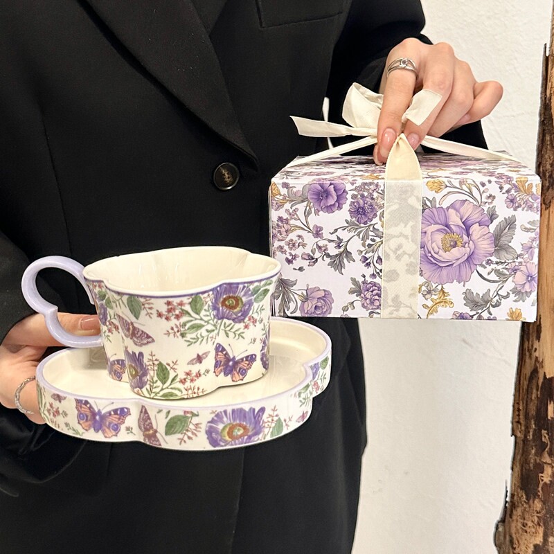 ins风复古紫薇花陶瓷咖啡杯碟套装礼盒下午茶拿铁马克杯伴手礼品