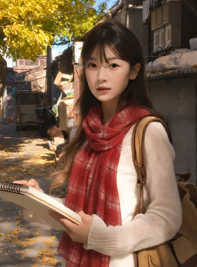 复古英伦风格纹拼接丝巾女款2026秋季红色长条披肩高级感时尚围巾