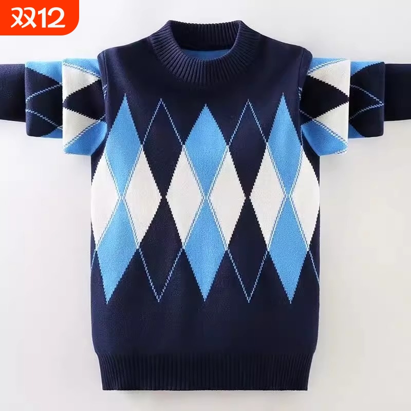 新款男童秋冬保暖毛衣男中大童针织衫加大加绒加厚儿童上衣打底衫