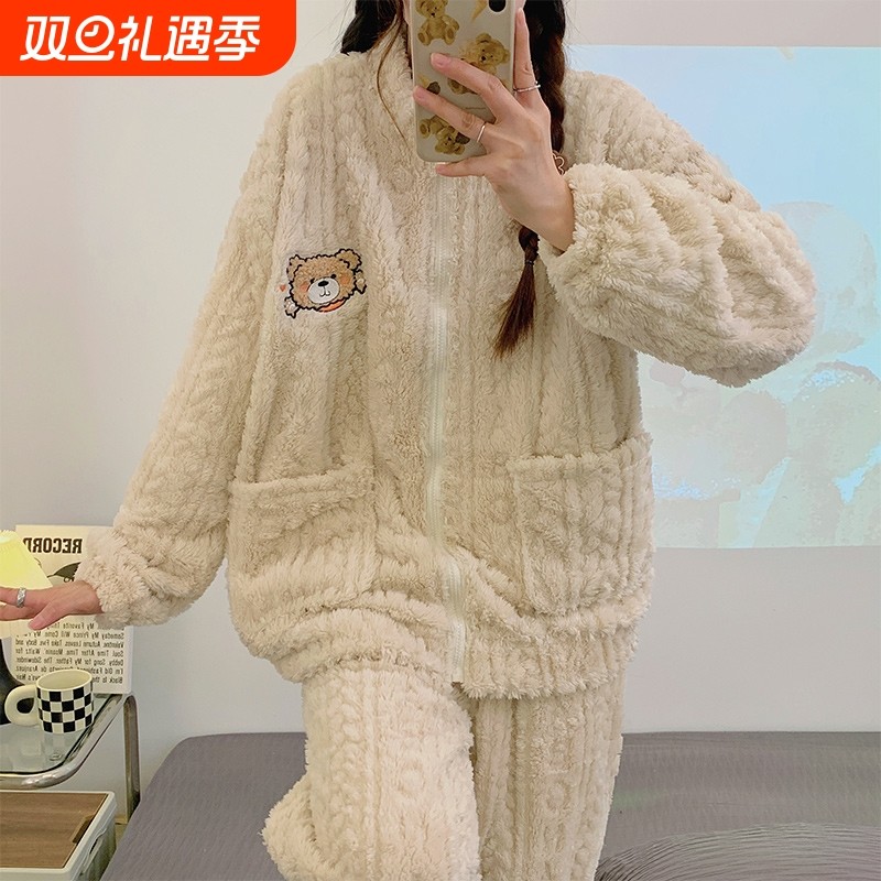 法兰绒睡衣女士冬季加绒套装
