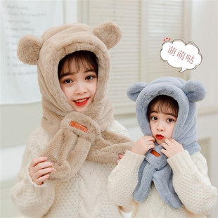 冬天儿童可爱小熊帽子围巾一体冬季新款男童女童宝宝加厚毛绒围脖