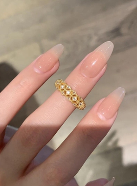 复古轻奢金色蕾丝镂空立体菠萝包戒指镶嵌锆石小众优雅贵气高级感