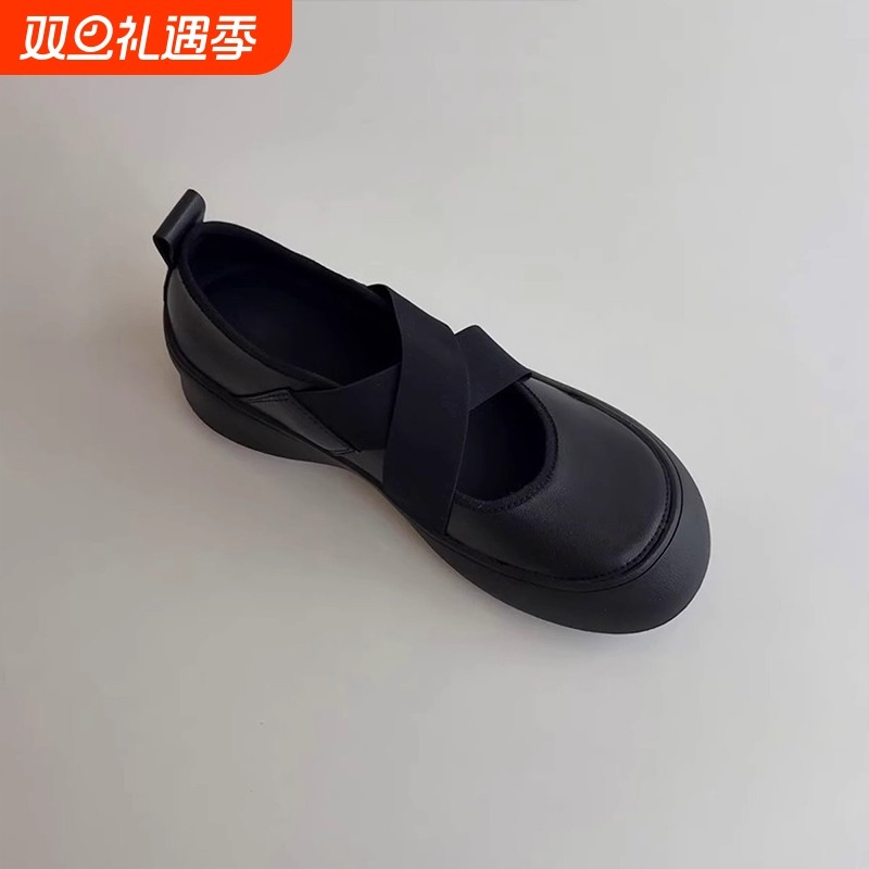 2025秋季厚底运动交叉带玛丽珍小皮鞋圆头芭蕾舞鞋女浅口复古单鞋