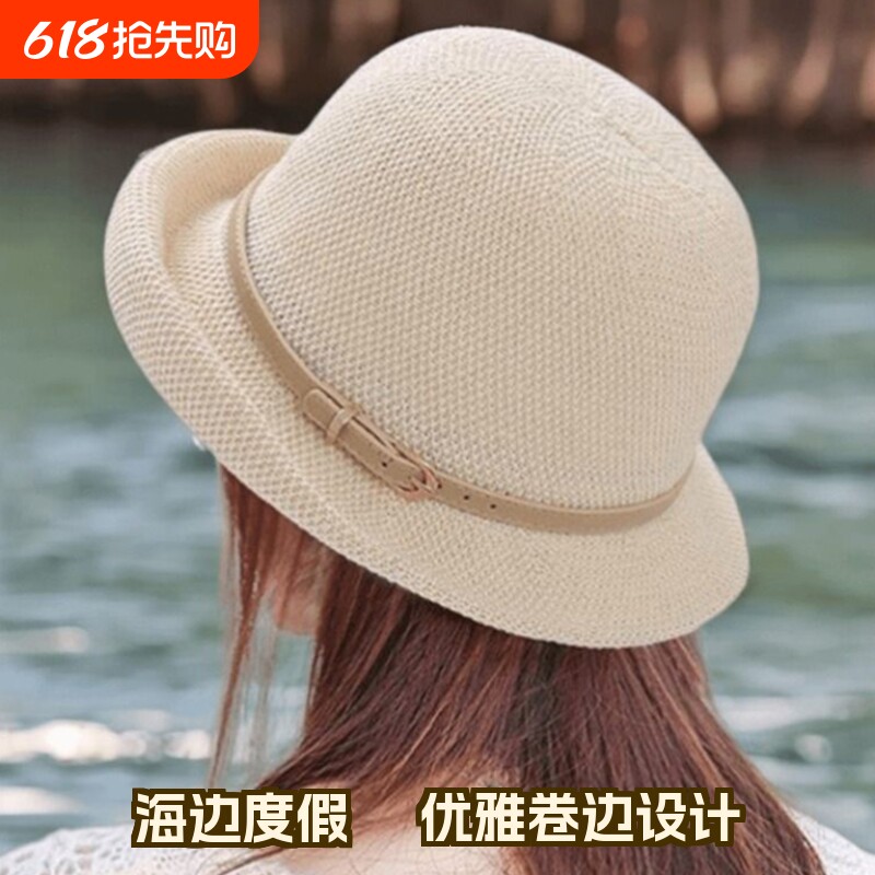 遮阳帽女春秋夏季礼帽透气薄款盆帽防晒渔夫帽白色黑色米白色卷边