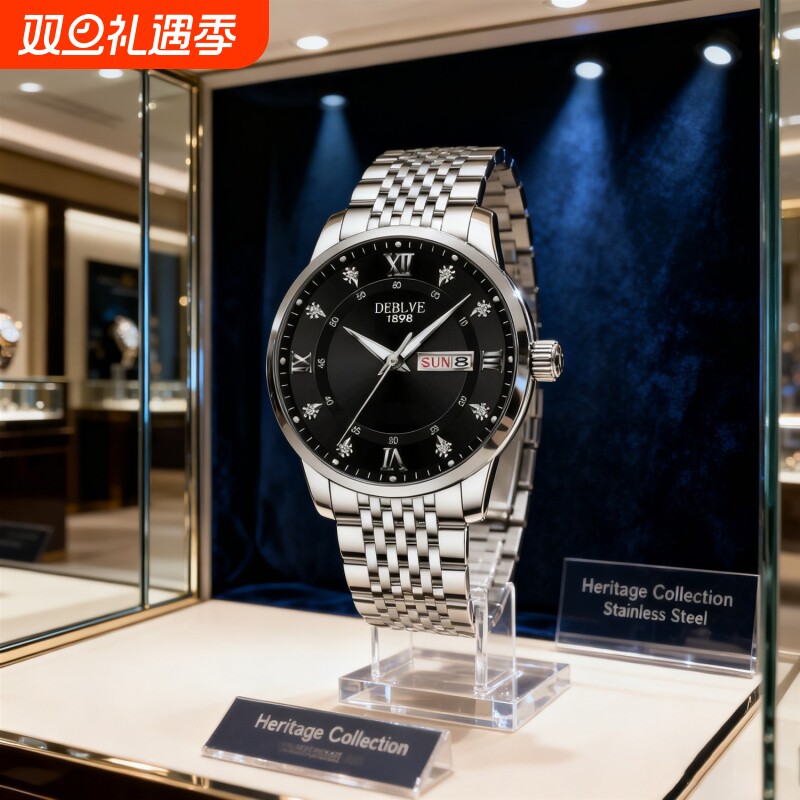 正品瑞士2024新款手表男士全自动机械风防水精钢带双日历男表夜光