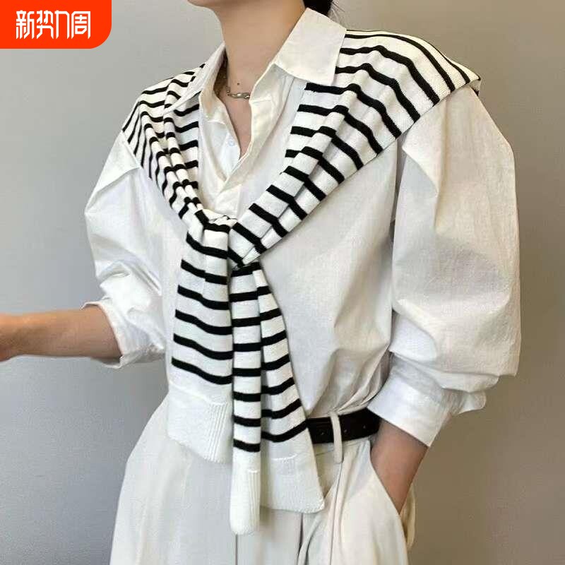 韩版条纹小披肩女外搭配衬衫春夏薄款网红空调房打结搭肩针织坎肩