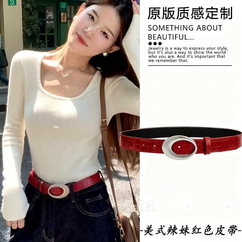 美式复古千禧辣妹鳄鱼纹路红色腰带简约高级感休闲百搭y2k皮带ins
