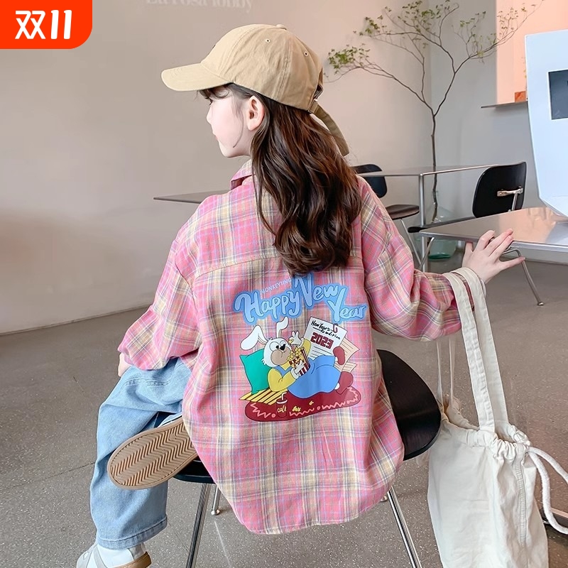 女童格子衬衫外套春秋款2025新款秋季衬衣儿童薄款秋装小女孩上衣