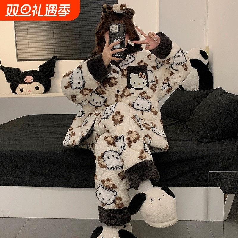 珊瑚绒睡衣女秋冬款加厚加绒2025新款三层夹棉保暖女士家居服套装