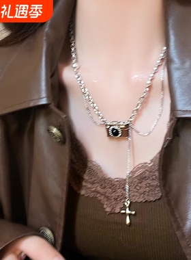 复古棕色相机流苏项链女甜酷辣妹风珍珠卫衣链设计感叠戴配饰
