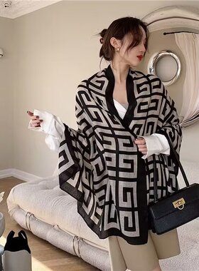 高级感轻奢围脖女秋冬冬季两用围巾披春秋棉麻老花灰色绿色条纹