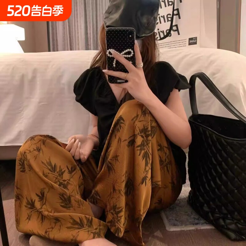 显瘦薄款夏季居家人棉绵绸睡裤九分加大码宽松休闲格子家居裤ins