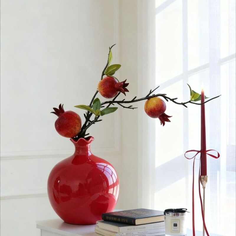摆件石榴花仿真花假花石榴果树枝餐桌装饰摆设红色花卉春节摆放