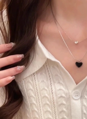 双层叠戴黑色爱心吊坠锁骨链