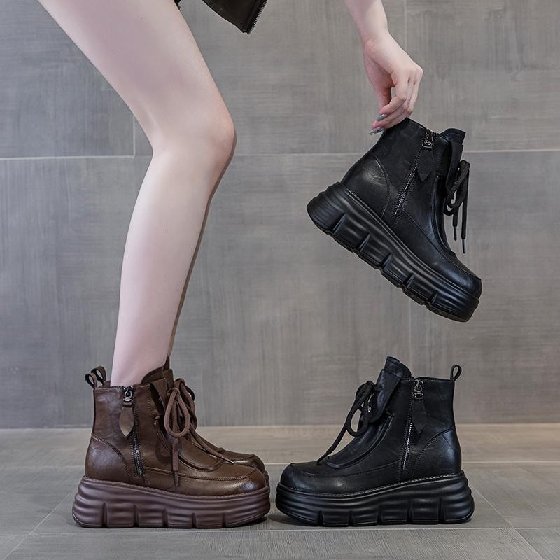 QVAJ2025新款女鞋加绒马丁短靴季英伦风增高圆头松糕底冬季防