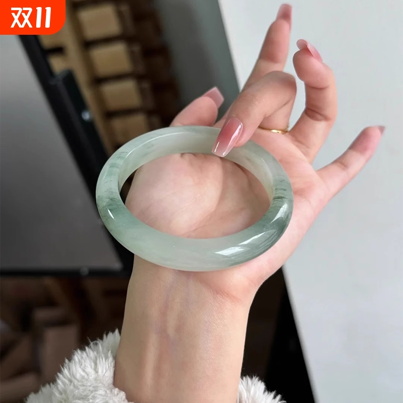 【无酸洗纯天然】新疆天山翠手镯飘花玉镯女款雪翠金丝玉圆条扁镯