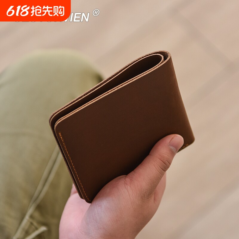 CEUTOKVIEN复古疯马皮钱夹学生真皮横款钱包头层牛皮短款青