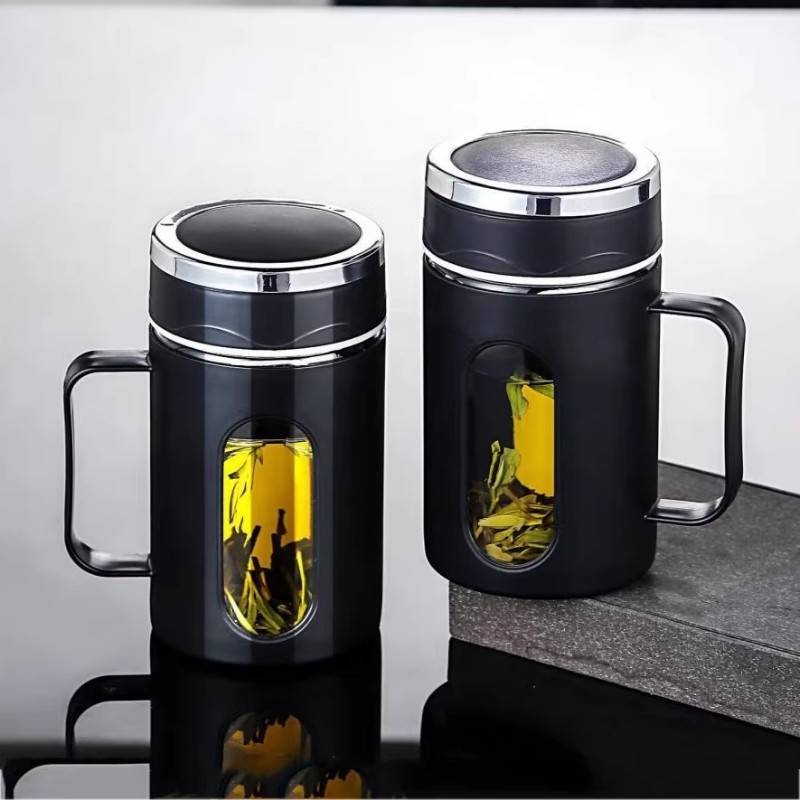 茶水分离泡茶杯塑玻水杯商务玻璃杯双层隔热把手杯子