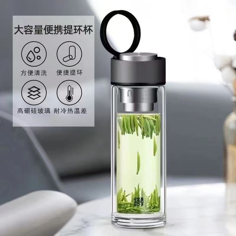 双层高硼硅玻璃杯玻璃水杯带手提环商务杯泡茶杯子大容量茶水防爆
