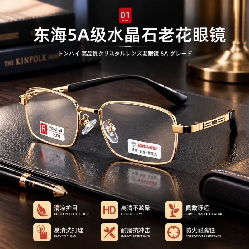 东海纯天然5A水晶石高清老花眼镜中老年养眼高档护目老花镜正品男