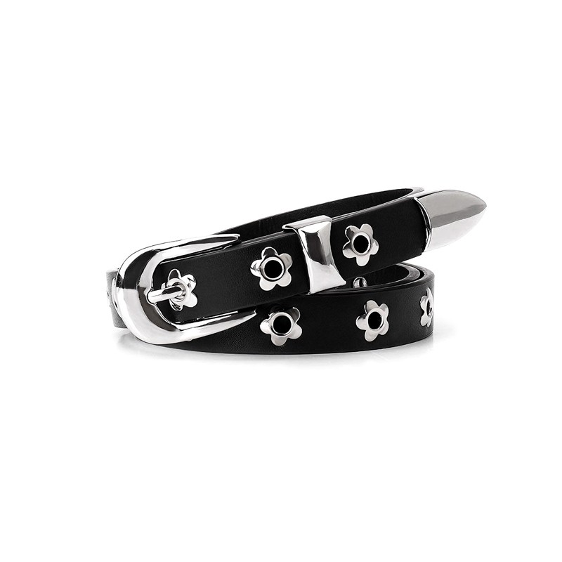 2025新款复古高级感梅花孔针扣腰带金属花朵银扣皮带男女同款腰带