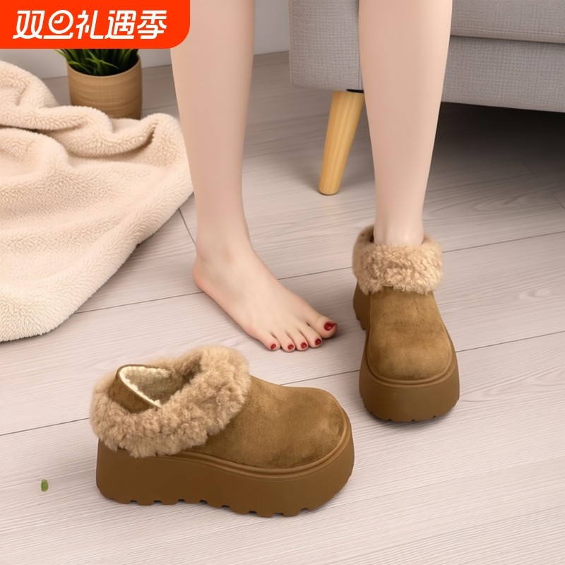 低帮加绒加厚棉鞋女2025冬季新款一脚蹬毛毛鞋外穿保暖雪地靴高跟