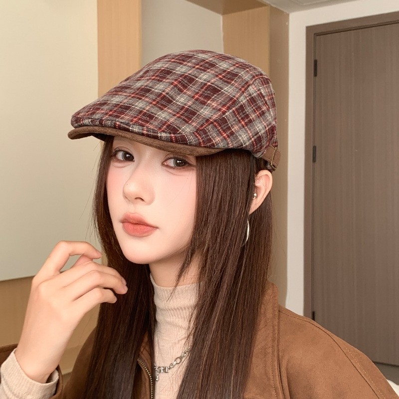 日系复古格纹前进帽子女秋冬季百搭显脸小贝雷帽画家帽鸭舌帽格子