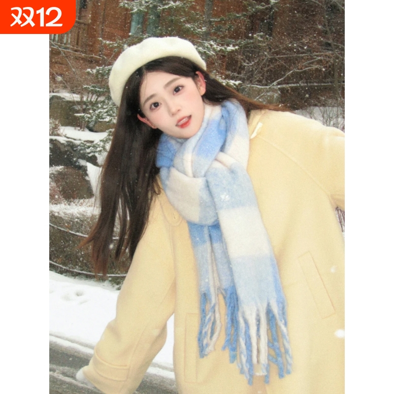 热风圈蓝色围巾女款2025新款冬季保暖格子围脖韩系氛围感高级感学