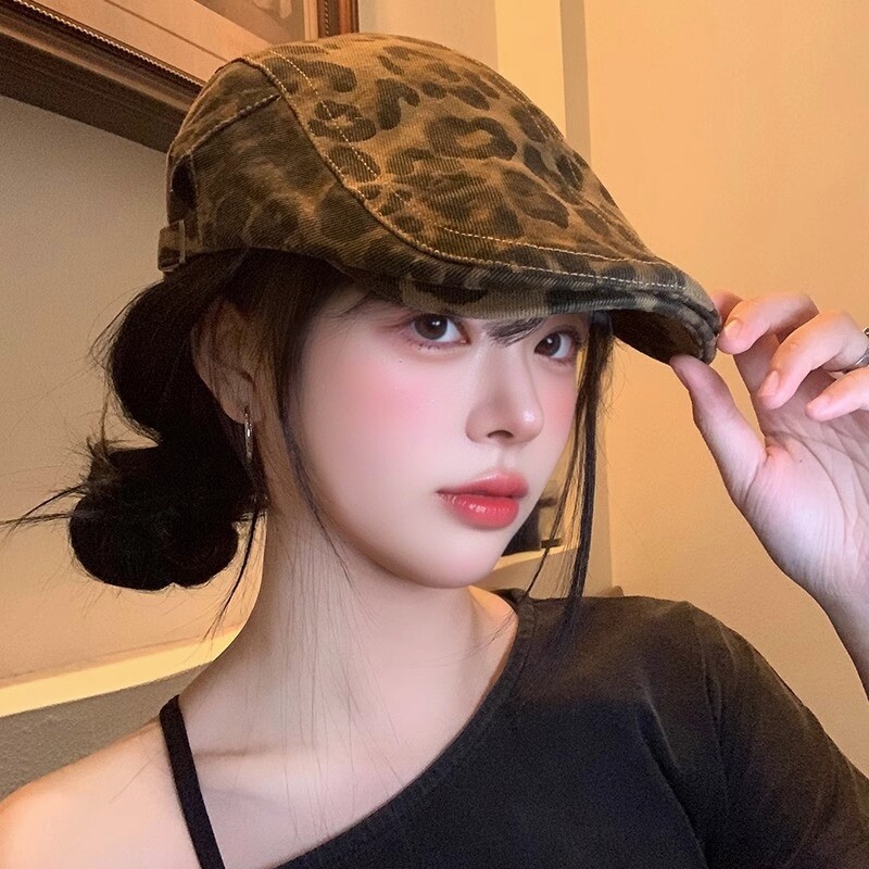 豹纹前进帽美式复古y2k辣妹贝雷帽女秋小众大头围百搭显脸小帽子