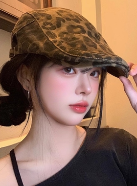 豹纹前进帽美式复古y2k辣妹贝雷帽女秋小众大头围百搭显脸小帽子
