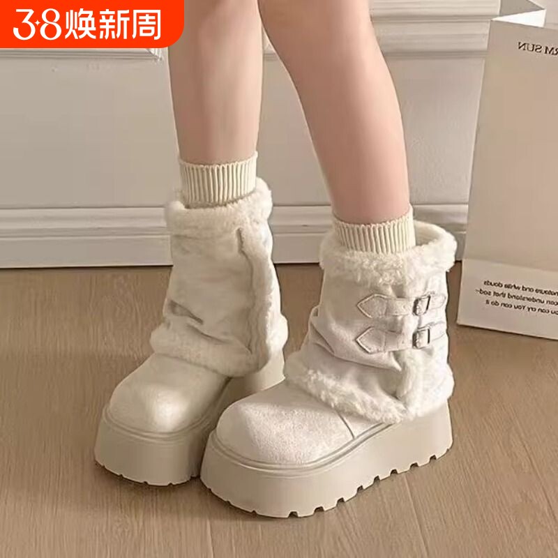 的厚底增高雪地靴女加绒保暖短筒靴2025秋冬新款棉靴子白色防水