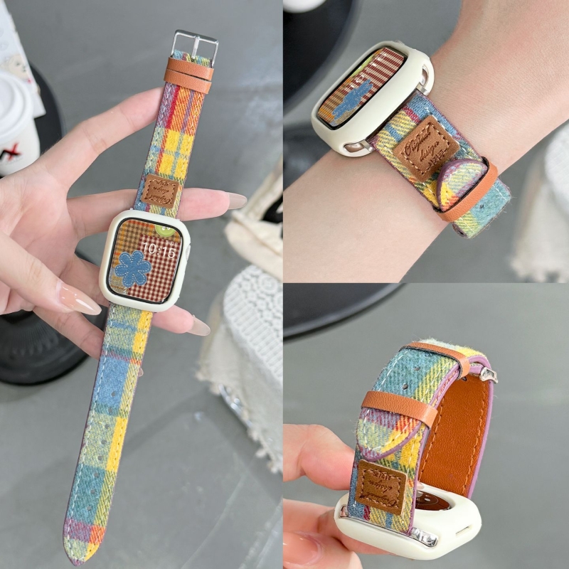 适用苹果手表S11彩虹皮表带iWatch10毛呢彩色韩系格纹s9/8/7秋冬苹果手表新款SE女复古小众皮腕带