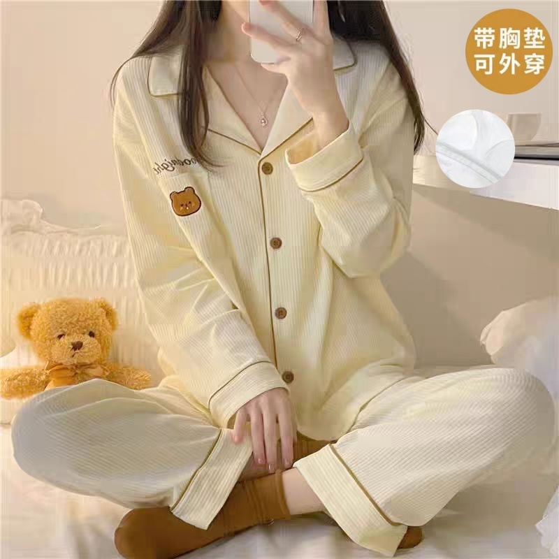 韩版睡衣女春秋季ins甜美可爱小熊开衫长袖冬天带胸垫家居服套装