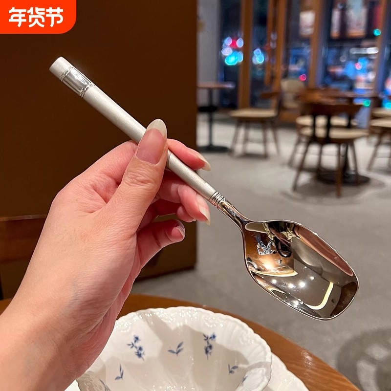 轻奢设计师款！好看！18/10不锈钢灯笼柄勺子喝粥主餐勺方长头勺