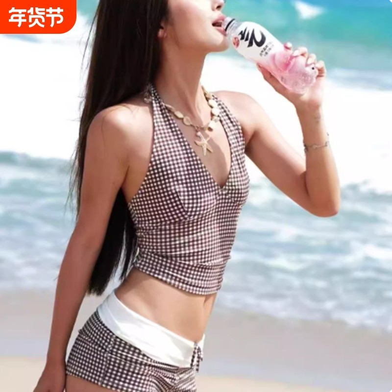 泳衣女复古性感分体三角比基尼 V领格纹挂脖系带海岛度假显瘦泳衣