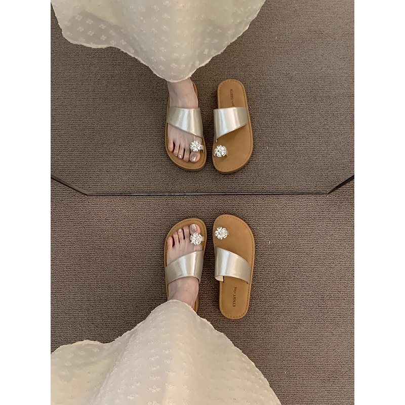 配裙子仙女风凉拖鞋女夏外穿2025新款水钻套趾海边厚底一字拖凉鞋