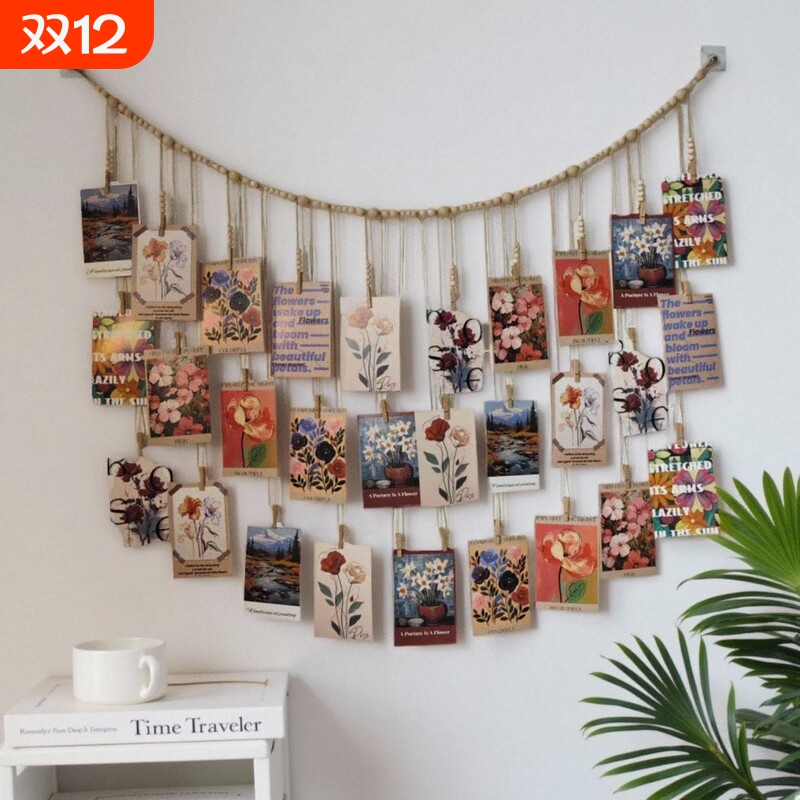 照片墙创意壁挂家居装饰原木照片悬挂麻绳装饰品背景墙相片收纳绳