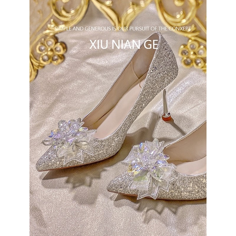 法式婚纱高跟鞋女秀禾银色两穿新娘鞋高级感不累脚宴会伴娘水晶鞋