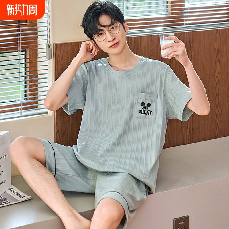 夏季青少年男士睡衣薄款短裤夏天宽松短袖两件套装纯棉家居服可爱