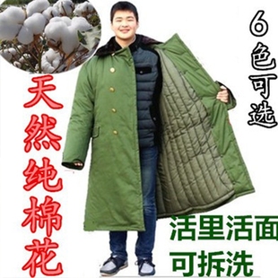 军大衣冬季加绒加厚保暖老式棉大衣男劳保防寒服纯棉棉花绿色