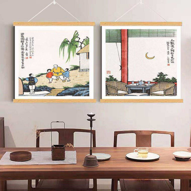 国风新中式油画布挂轴画古风餐厅挂画装饰画电表箱遮挡画民宿壁画