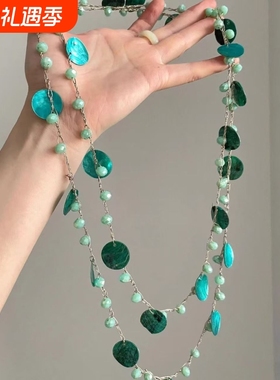 复古小众绿色仿贝壳项链女波西米亚民族风长款叠戴毛衣链多戴法