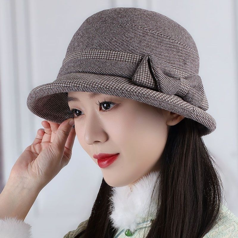 蝴蝶结帽子女秋冬季时尚百搭街头保暖渔夫帽妈妈款优雅新款盆帽