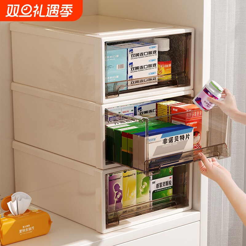 透明药箱药物收纳盒抽屉式家用医药箱大容量药品收纳柜多层家庭装